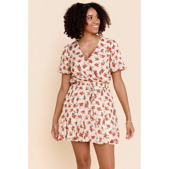 Trixxi Clothing Co Womens Floral Print Wrap Dress Size S Beige Puff Sleeves Boho - Picture 1 of 10